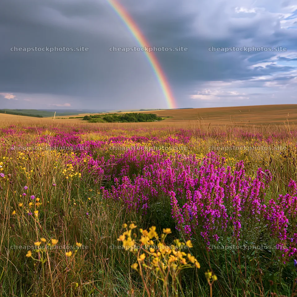 Colorful lavender meadow with a rainbow in the background – stock photos 7938x7938