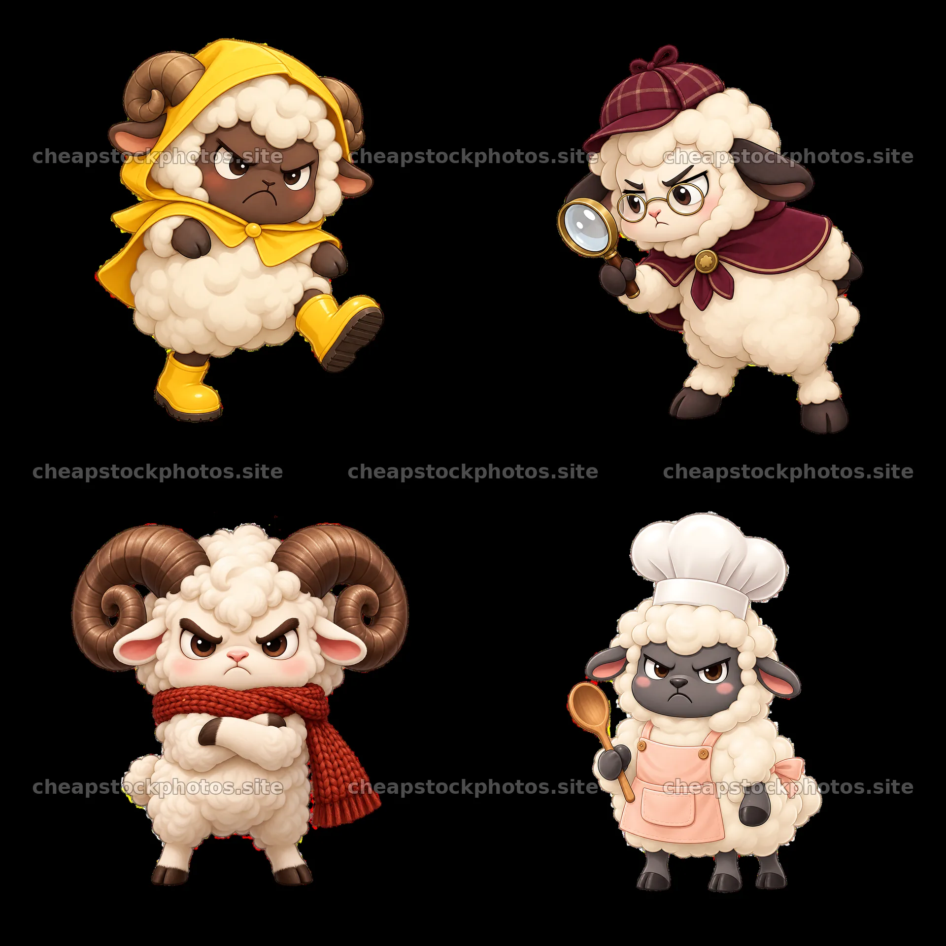 Kawaii grumpy sheep characters in different outfits and expressions – stock photos 7746x7746
