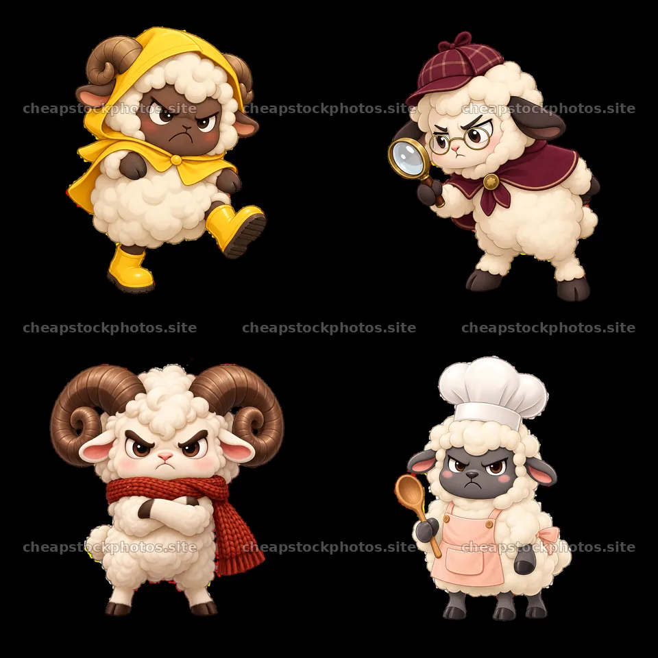 Kawaii grumpy sheep characters in different outfits and expressions – stock photos 7746x7746