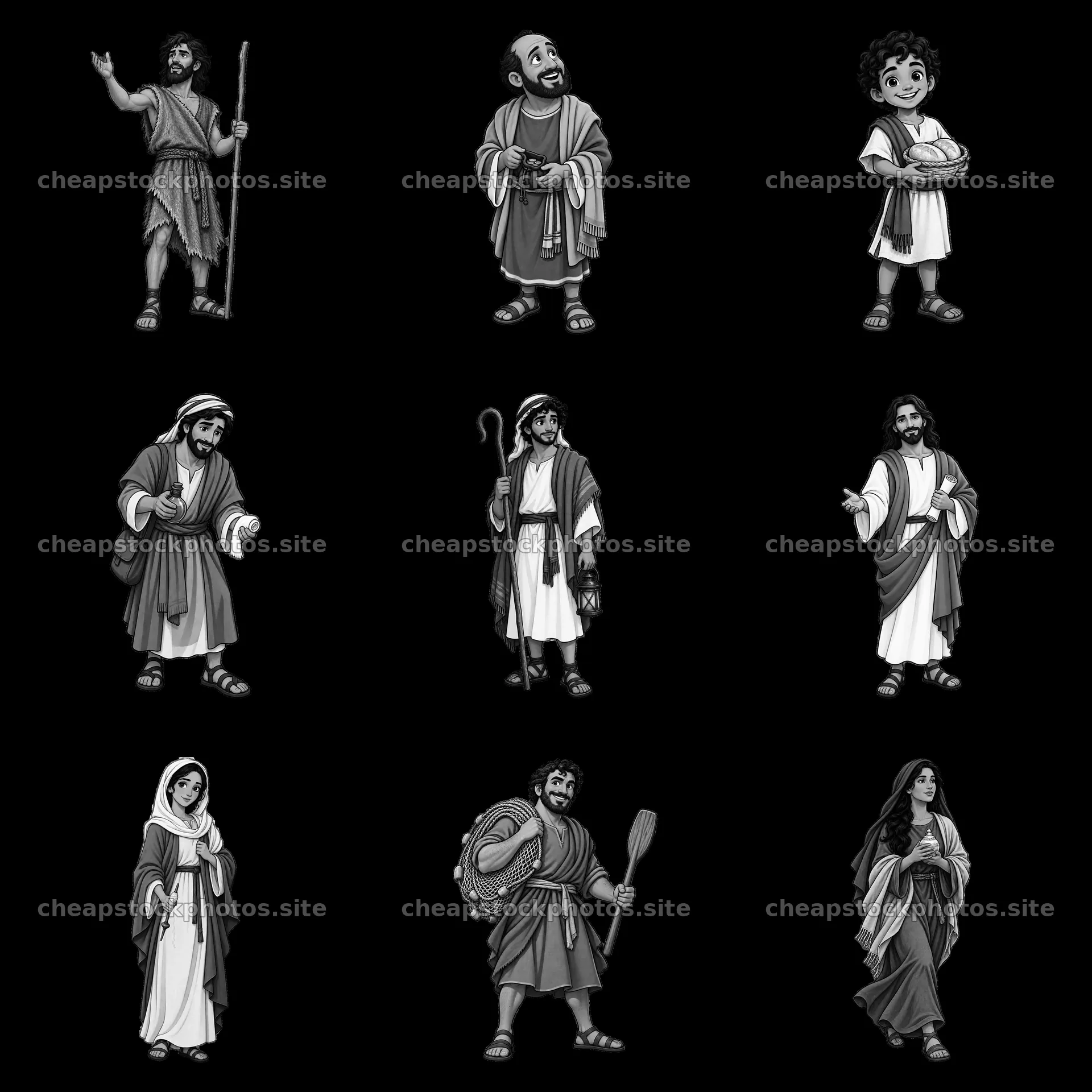 Illustration of nine figures from biblical stories in black and white – stock photos 7746x7746