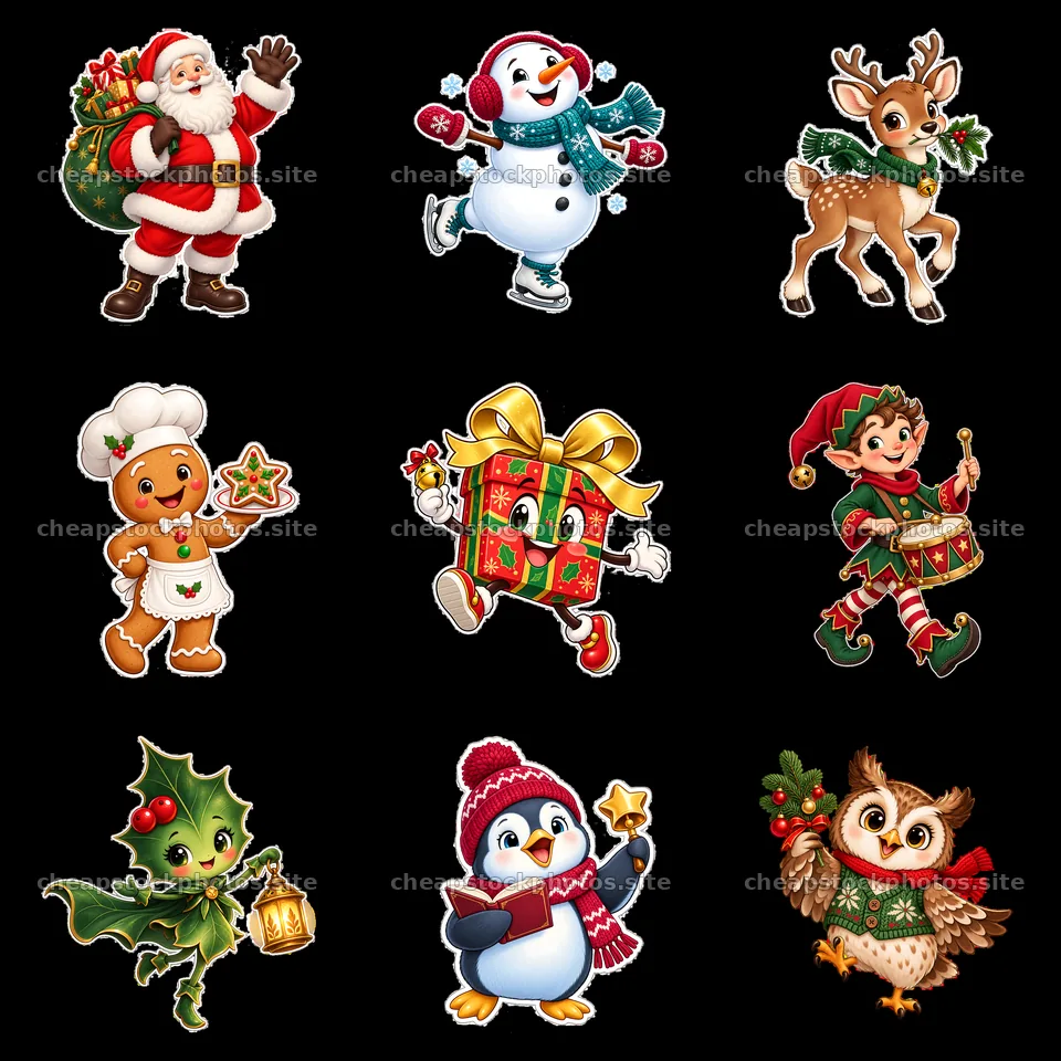 Christmas cartoon characters in a festive 3x3 layout – stock photos 7746x7746