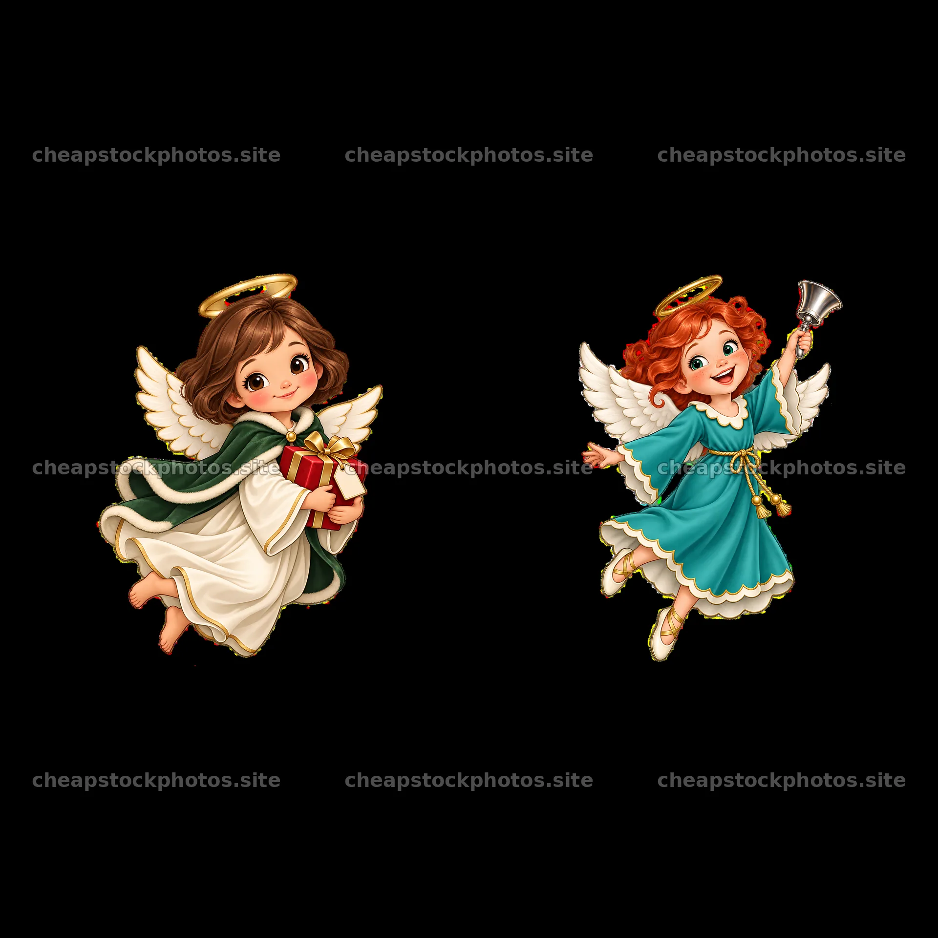Two Christmas angels with gifts and bells in festive attire – stock photos 7746x7746