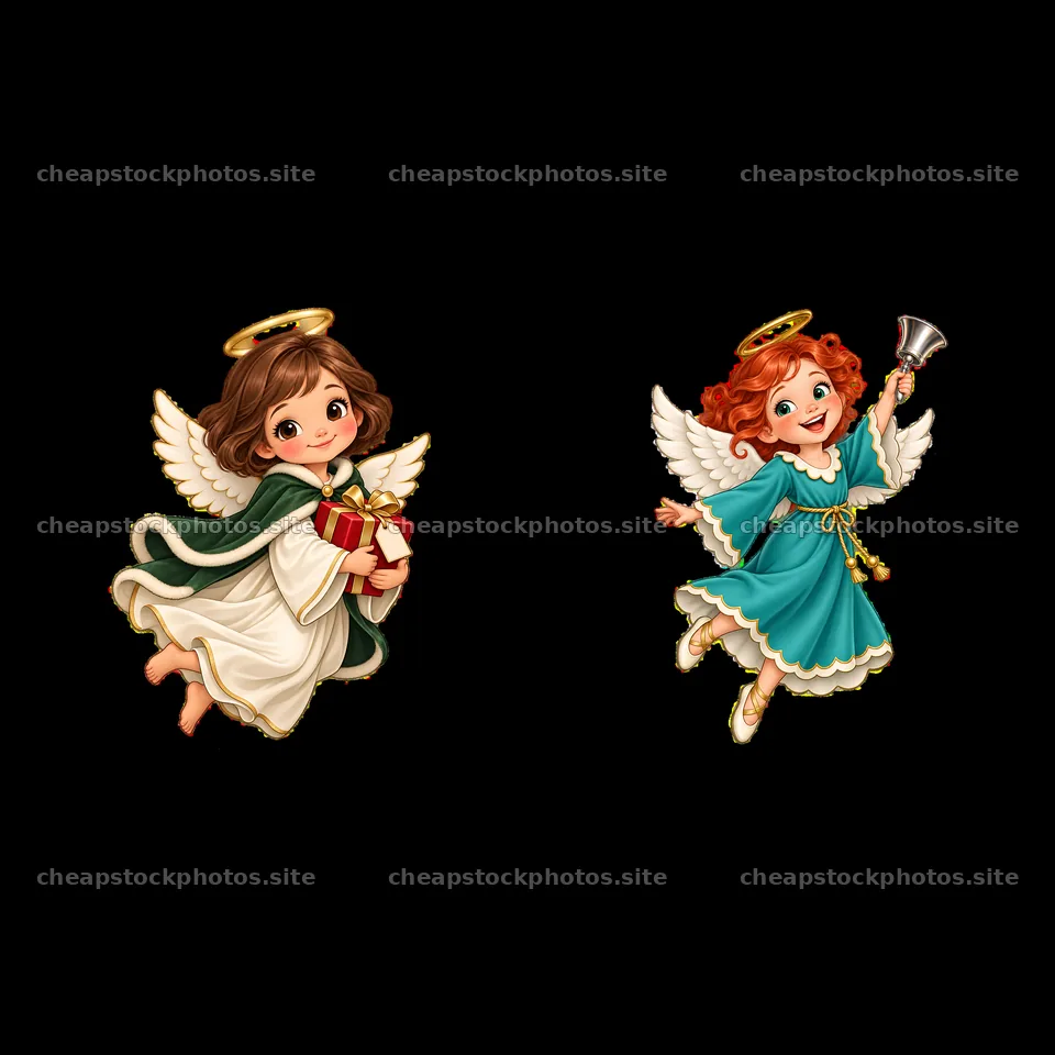 Two Christmas angels with gifts and bells in festive attire – stock photos 7746x7746