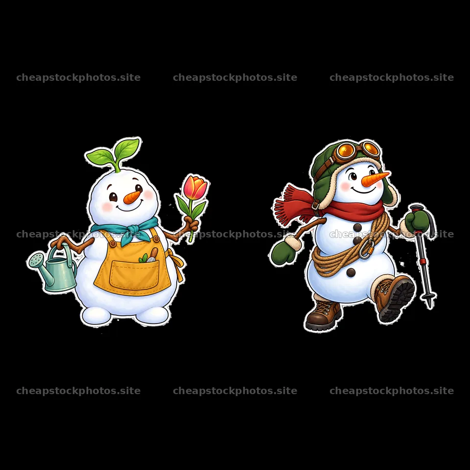 Snowman with flower and gardening tools, snowman in winter attire – stock photos 7746x7746