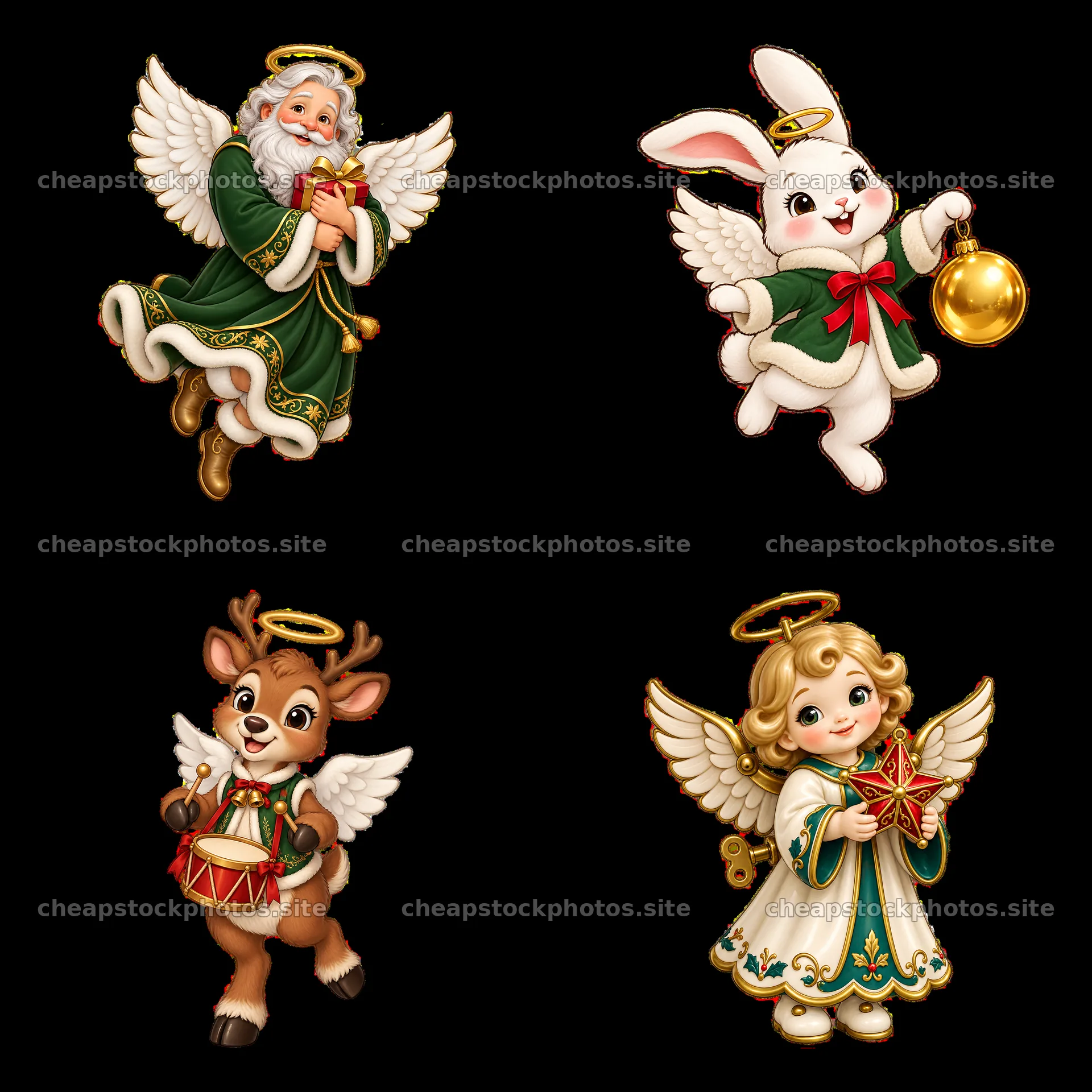 Christmas angel characters with Santa, bunny, deer, and child – stock photos 7746x7746
