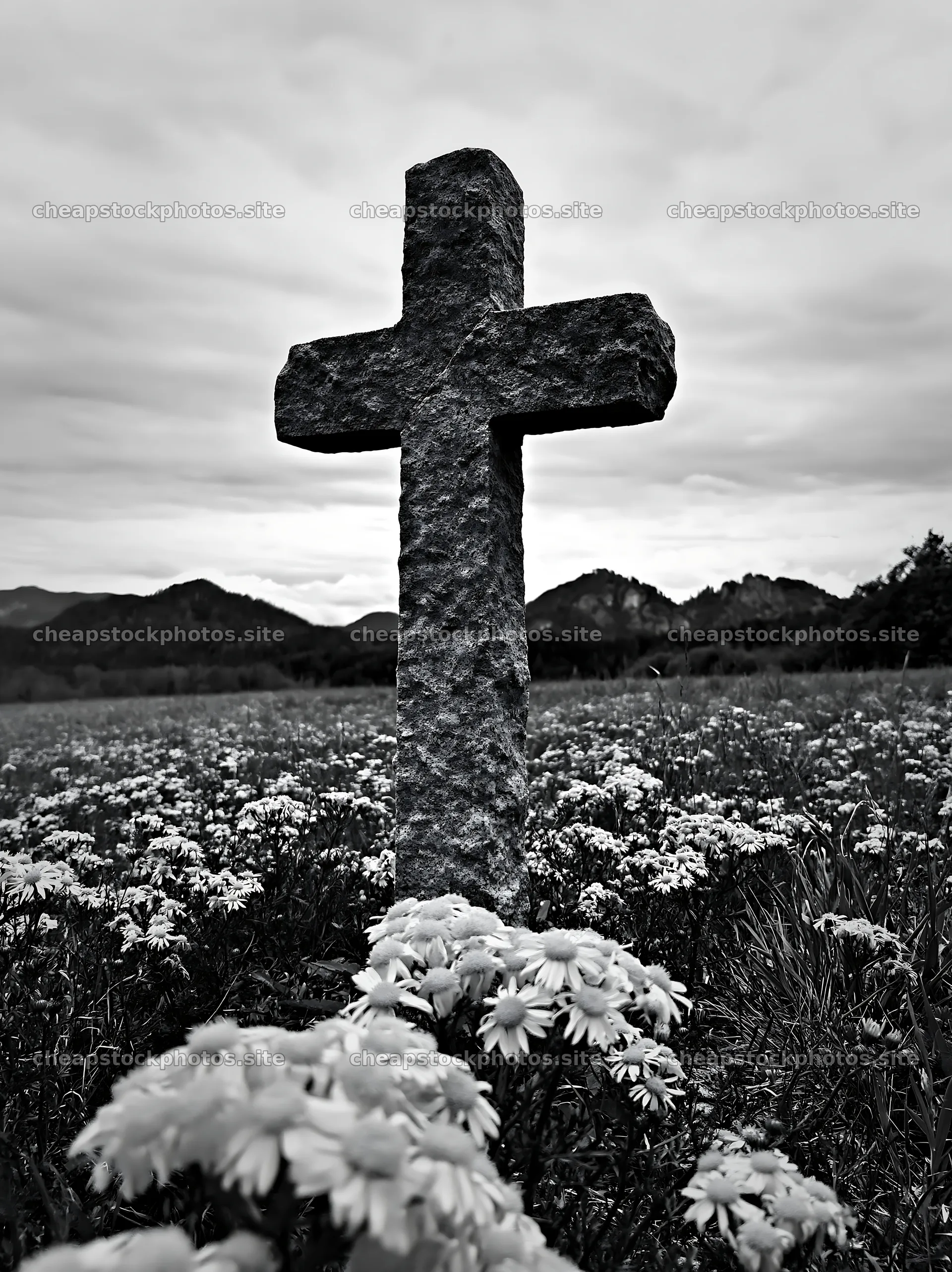 Christian cross in wildflower meadow landscape – stock photos 6866x9174