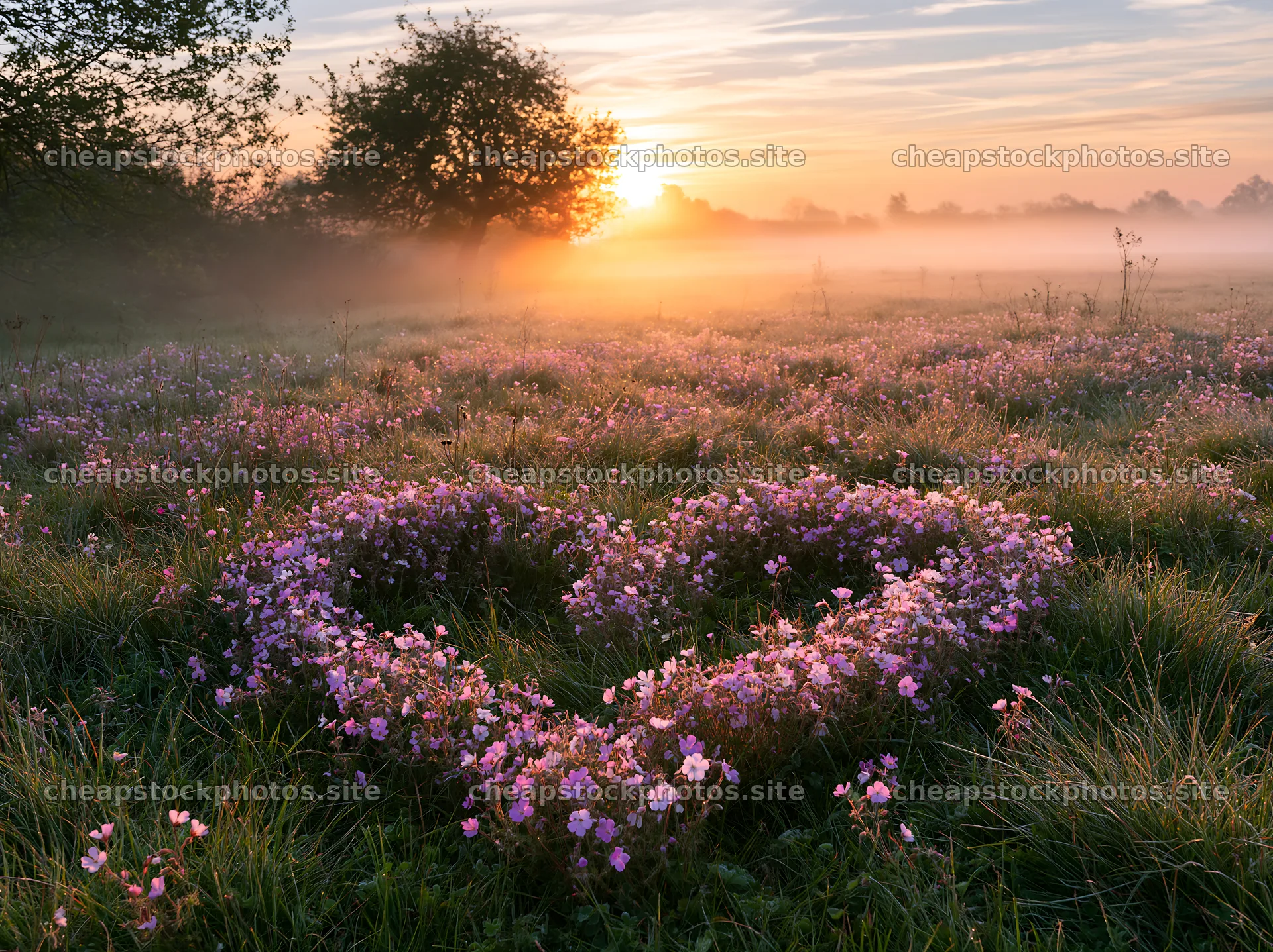 Morning light over meadow with flowers and trees – stock photos 9174x6866