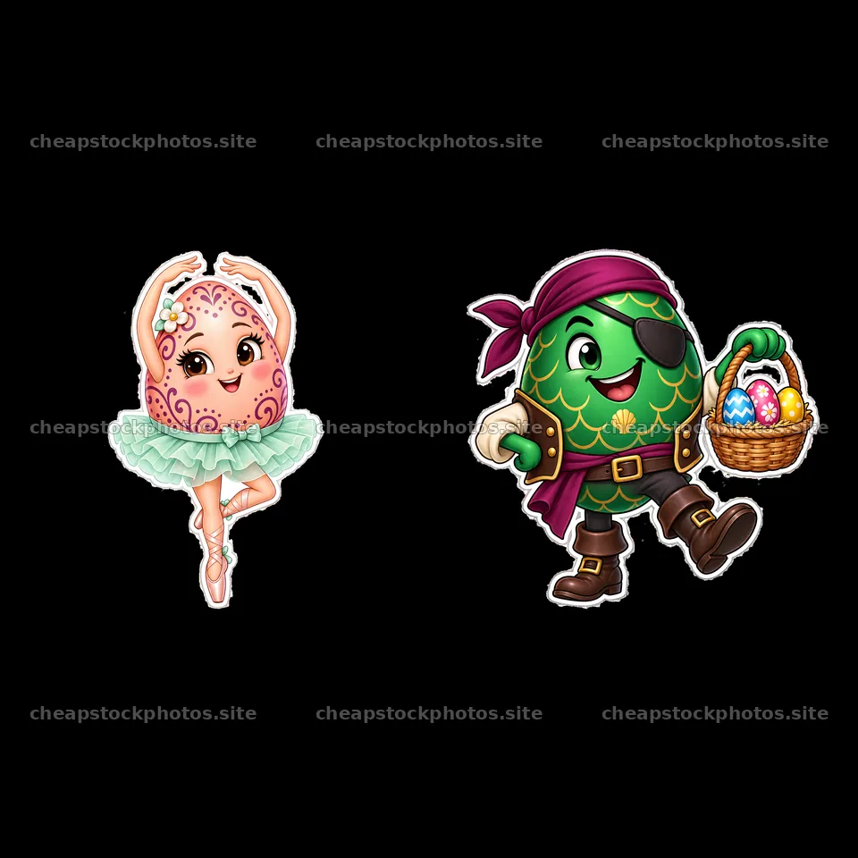 Ballet egg and pirate egg characters with colorful Easter eggs – stock photos 7746x7746