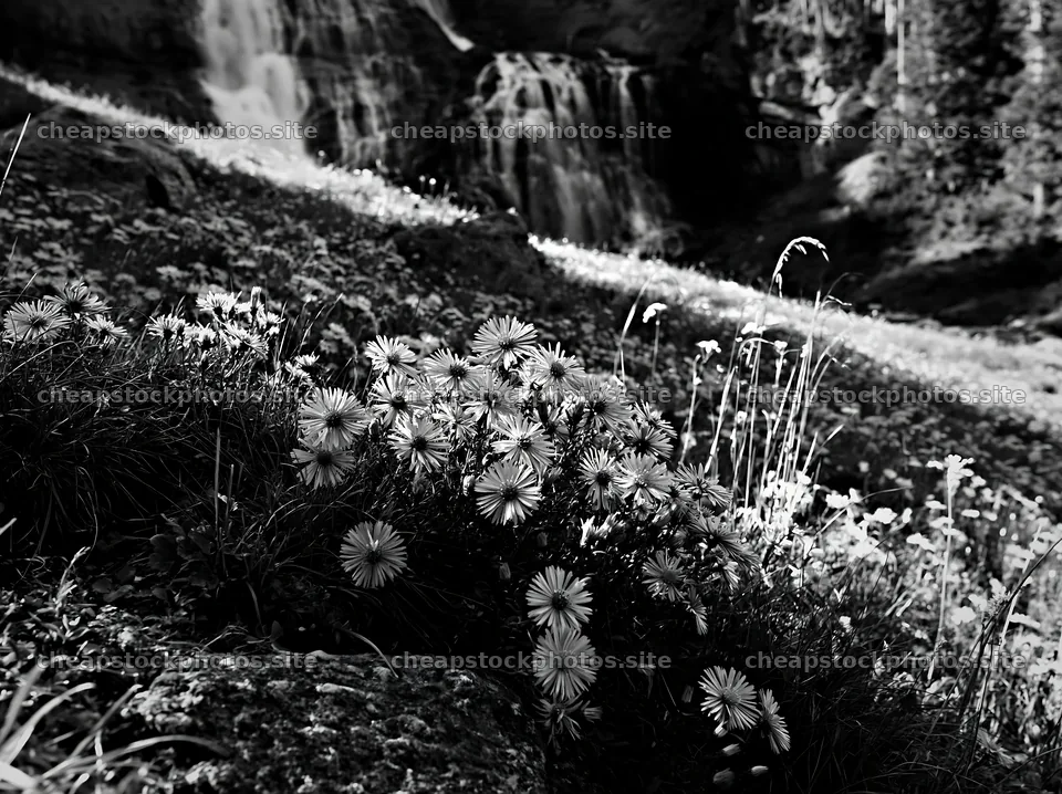 Wildflower meadow under cascading falls in black and white – stock photos 9174x6866