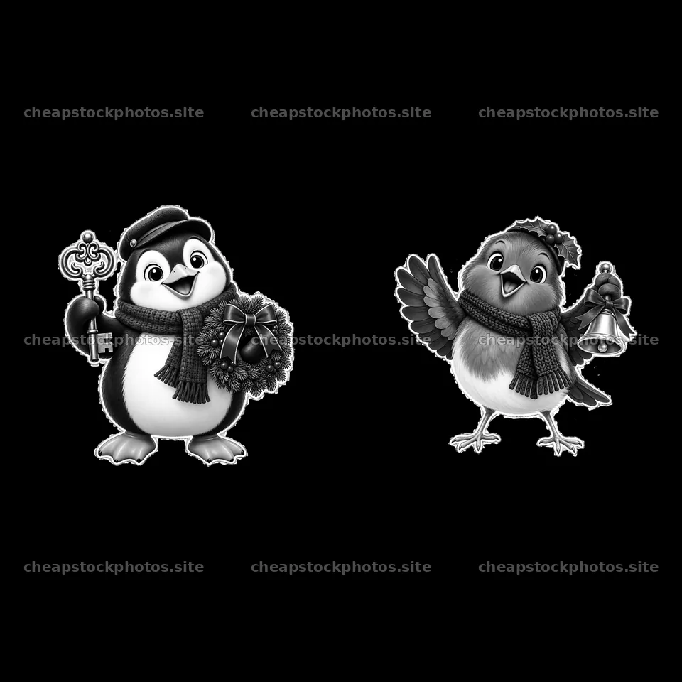 Penguin holding a wreath and bird with a bell for Christmas – stock photos 7746x7746