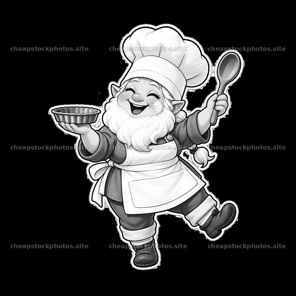 Cheerful gnome chef holding a pie and wooden spoon – stock photos 7746x7746