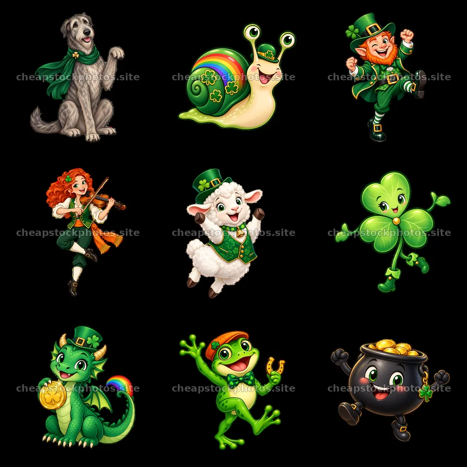 A collection of nine cartoon stickers celebrating St – stock photos 7746x7746
