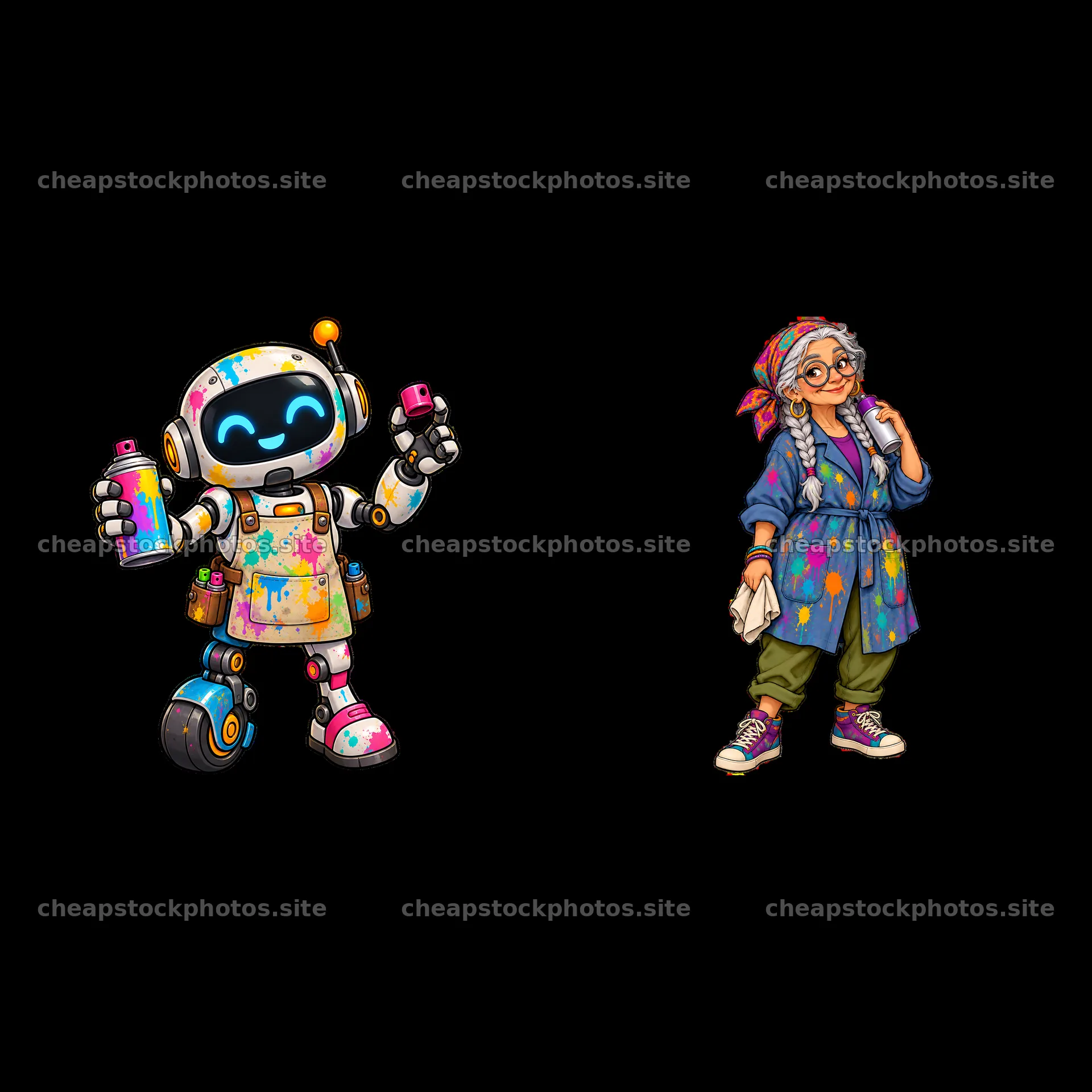 Graffiti sprayer robot and artist in colorful paint gear – stock photos 7746x7746