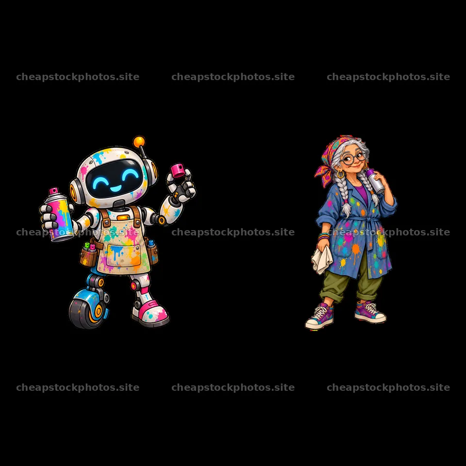 Graffiti sprayer robot and artist in colorful paint gear – stock photos 7746x7746
