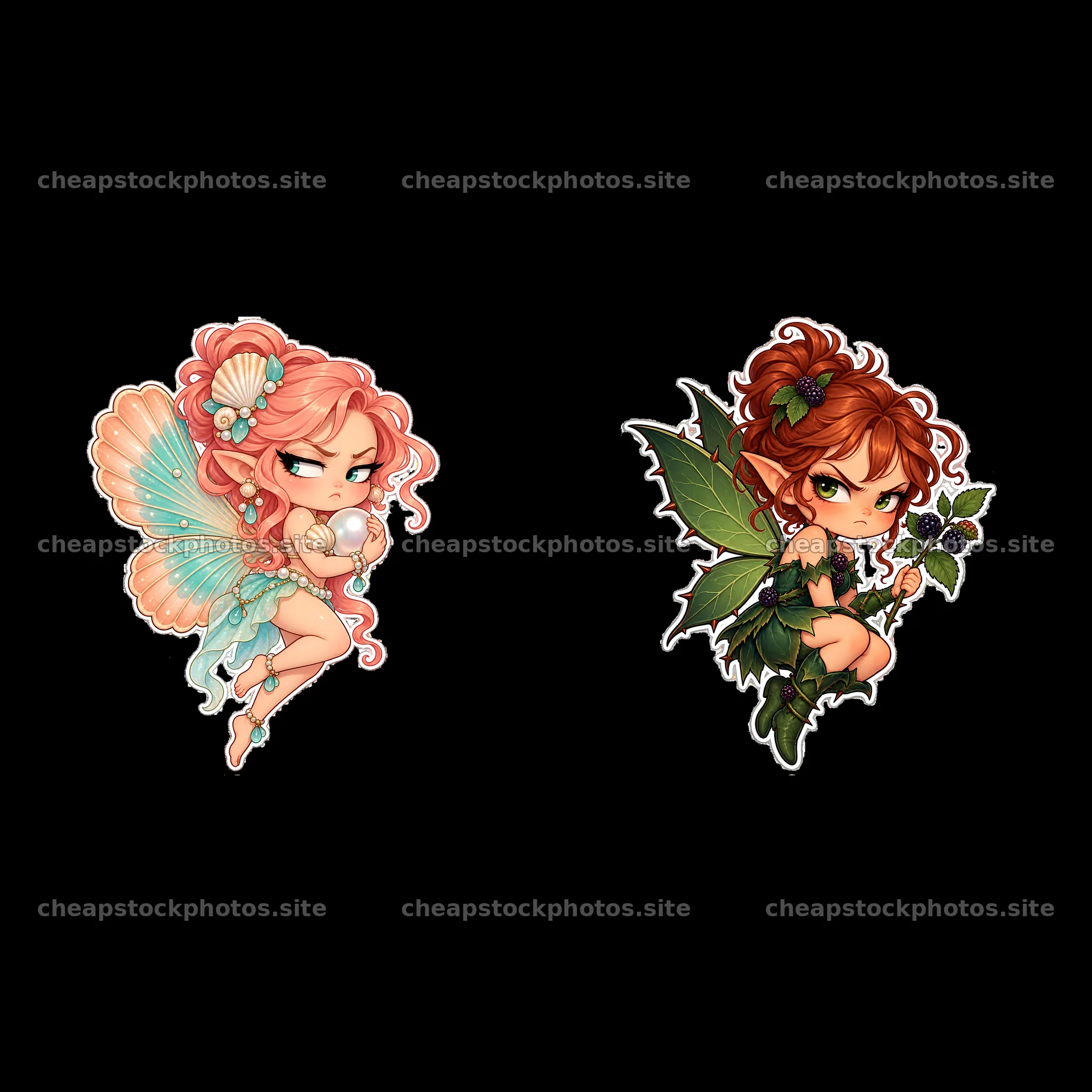 Kawaii grumpy fairy stickers with pastel colors and distinct features – stock photos 7746x7746