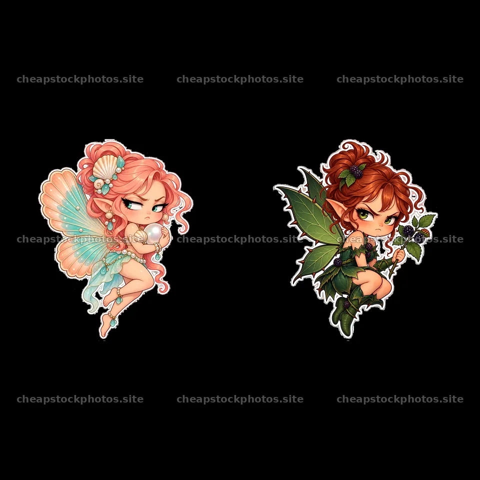 Kawaii grumpy fairy stickers with pastel colors and distinct features – stock photos 7746x7746