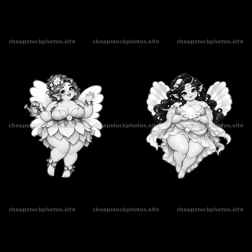 Kawaii ultra-fat fairies with flowers and accessories – stock photos 7746x7746