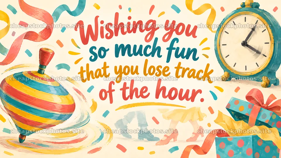 Playful Birthday Greeting with a Clock and Spinning Top – stock photos 10324x5812
