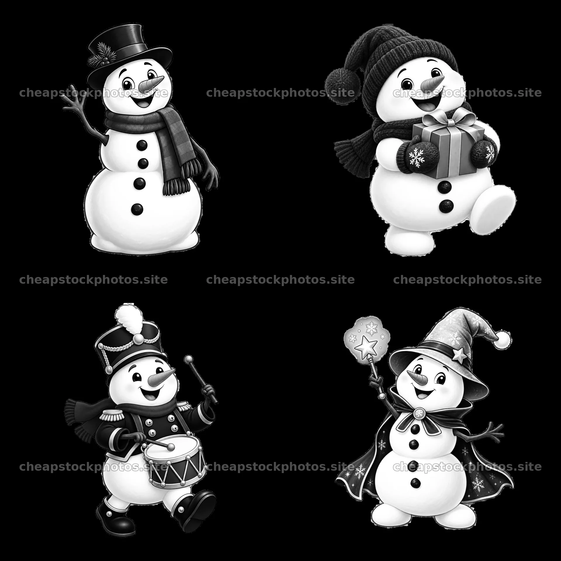 Four cheerful snowmen celebrating Christmas in various activities – stock photos 7746x7746