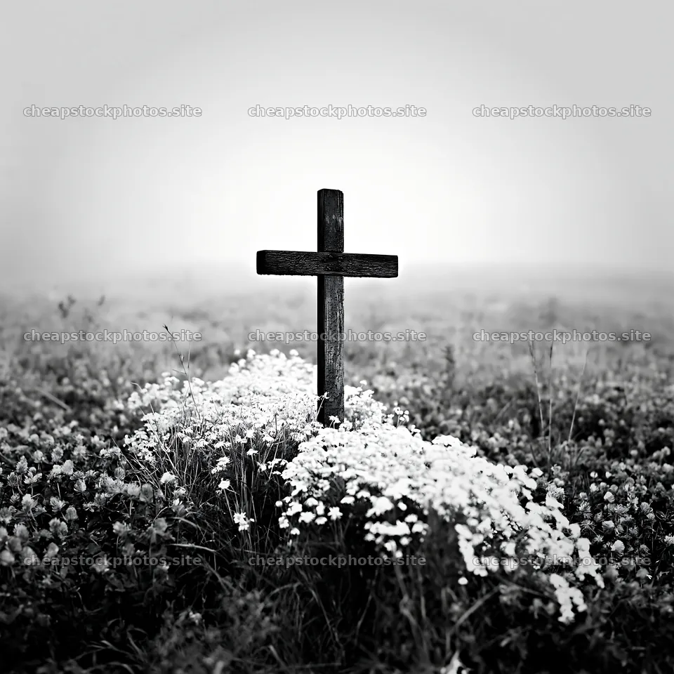 Christian cross in meadow with flowers during winter – stock photos 7938x7938