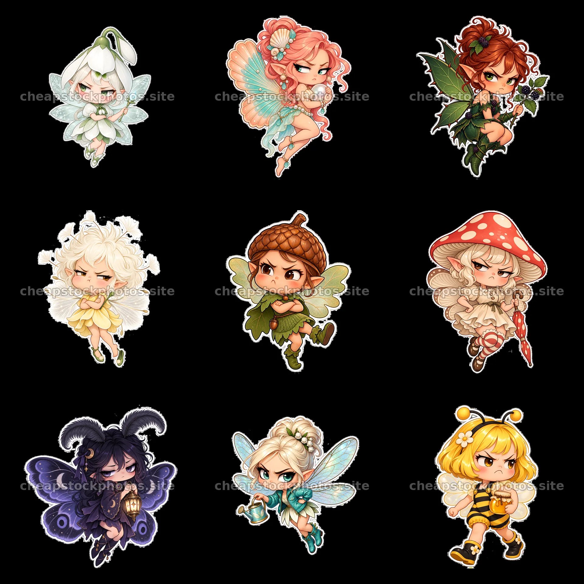 Kawaii grumpy fairies in a 3x3 grid with unique features – stock photos 7746x7746