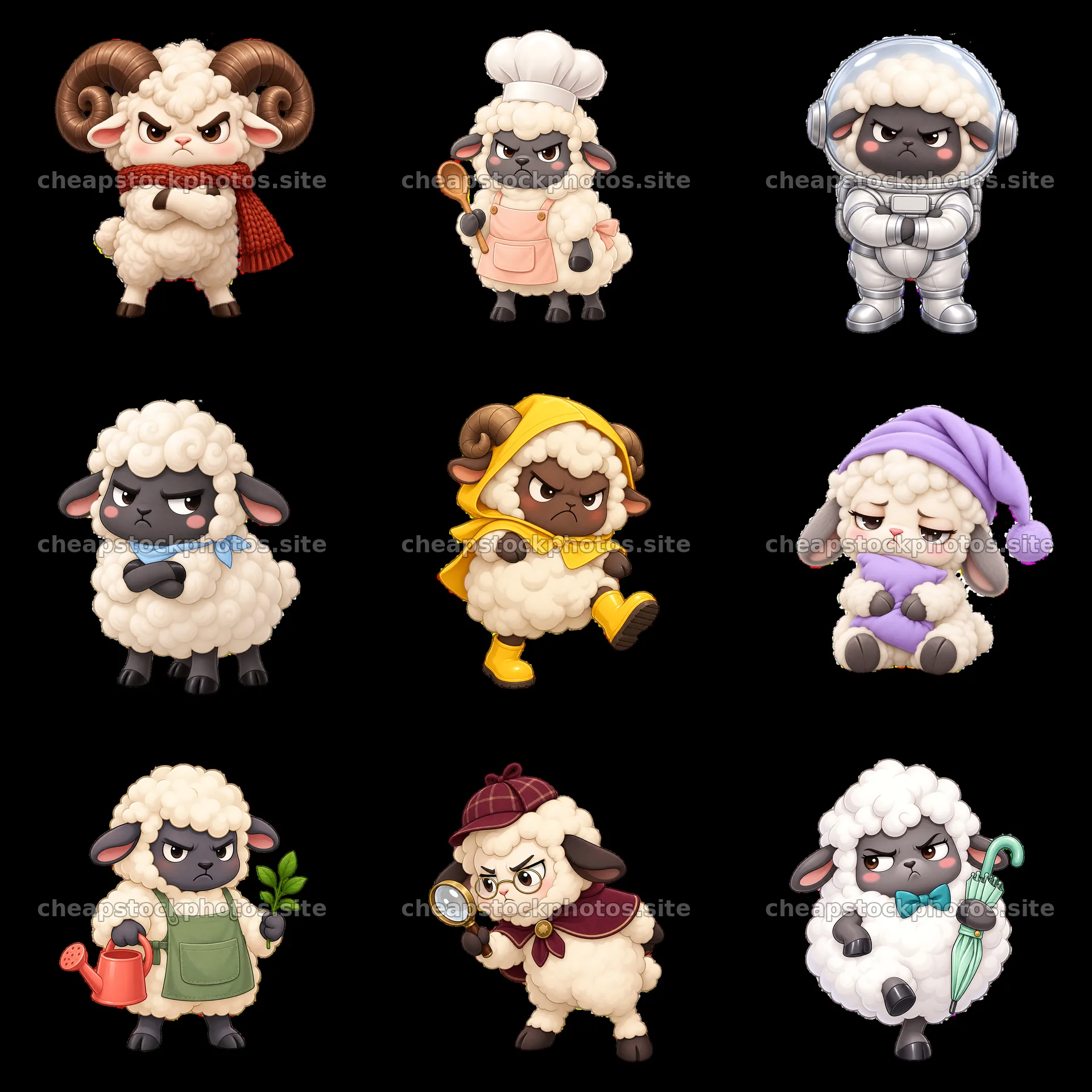 Grumpy sheep characters in various outfits and poses – stock photos 7746x7746