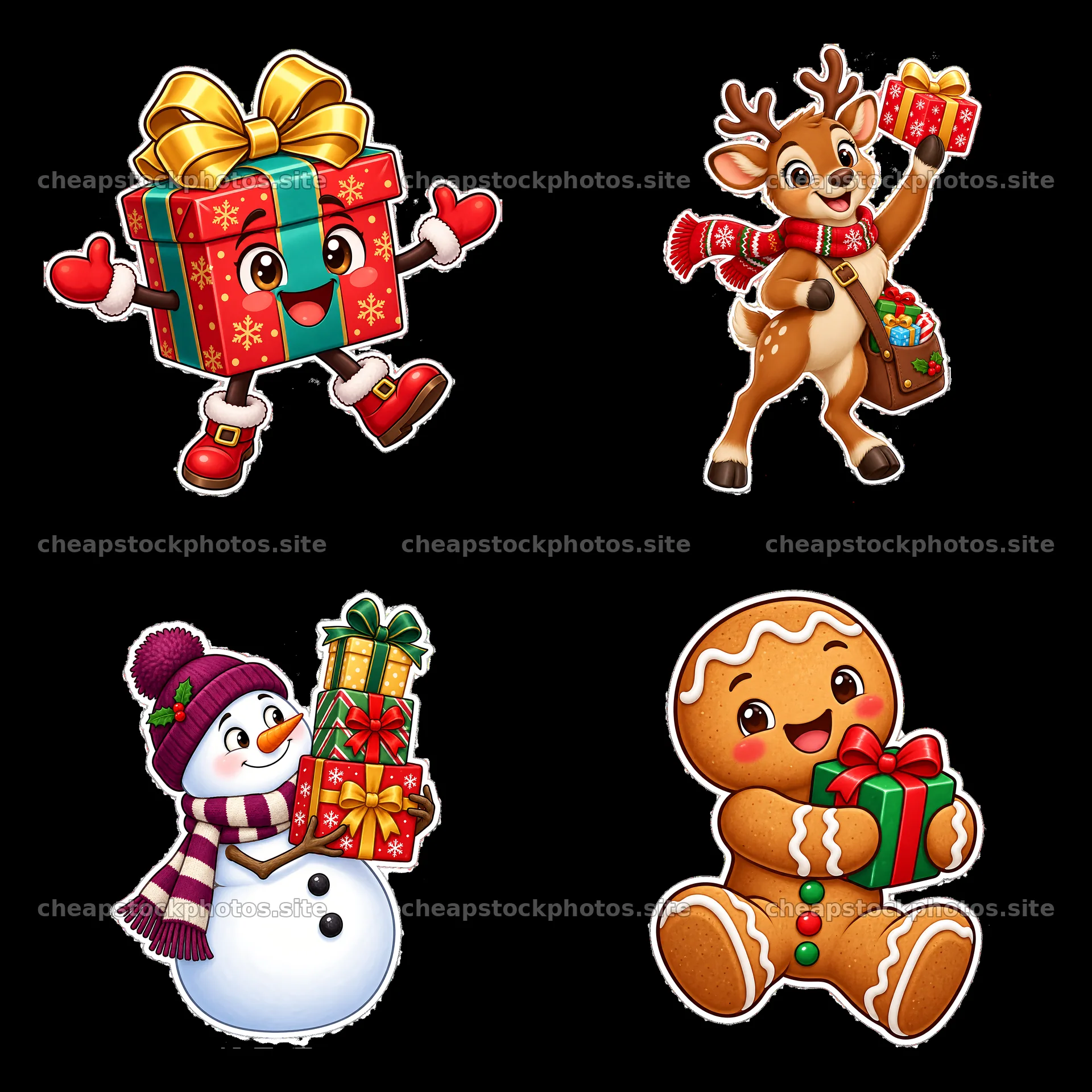 Cheerful Christmas characters with gifts in a fun layout – stock photos 7746x7746