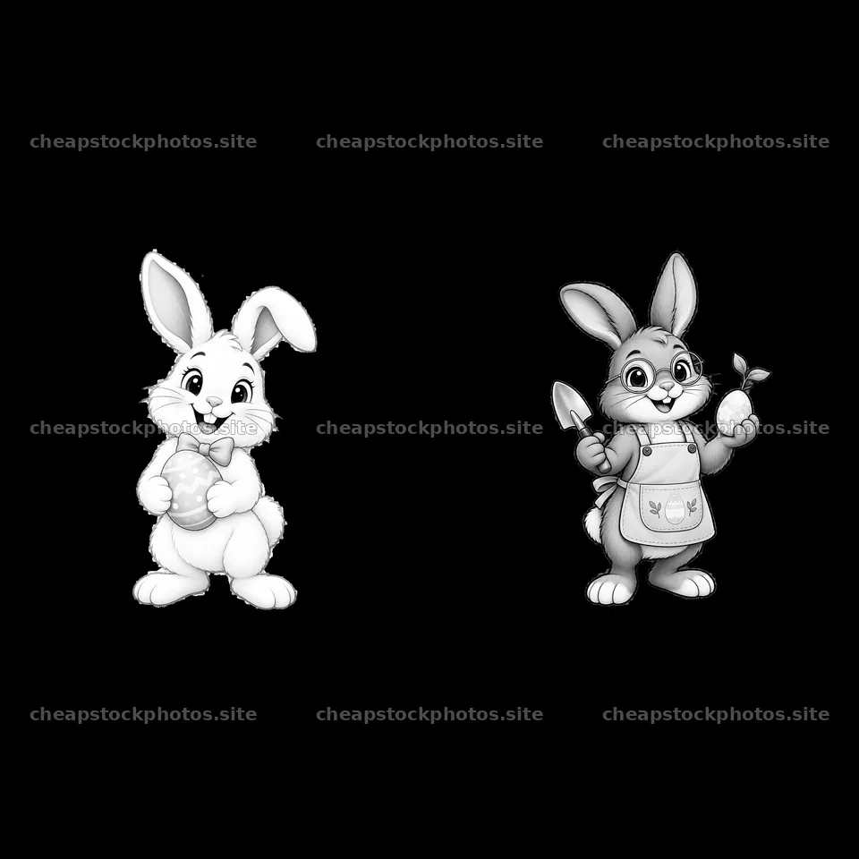 Easter bunnies holding eggs and gardening tools in a cartoon style – stock photos 7746x7746