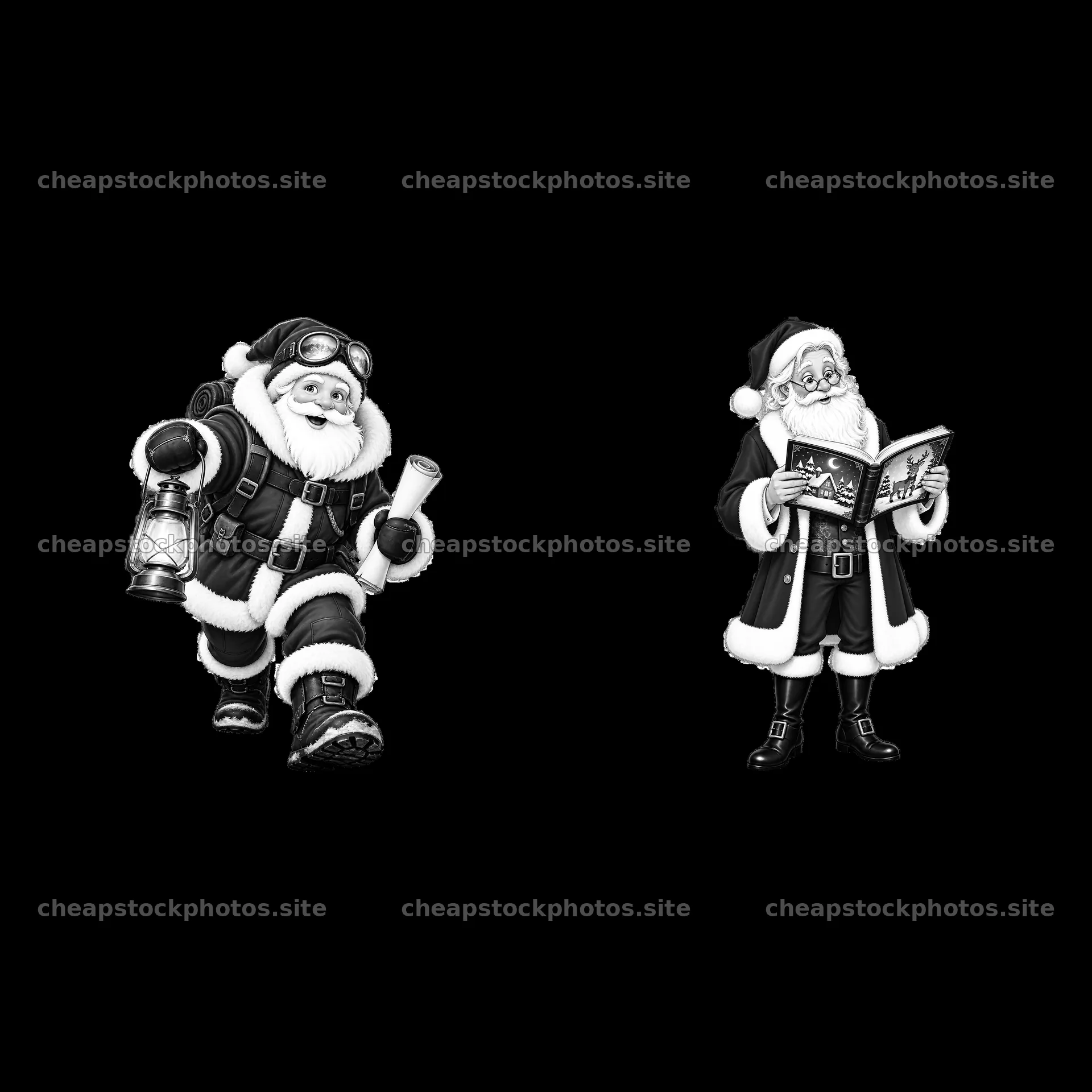 Santa Claus carrying a lantern and reading a book in black and white – stock photos 7746x7746