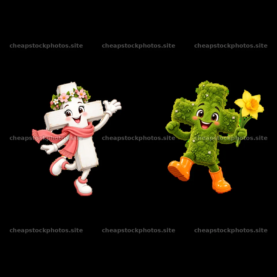 Happy Easter cross characters with flowers and spring accessories – stock photos 7746x7746