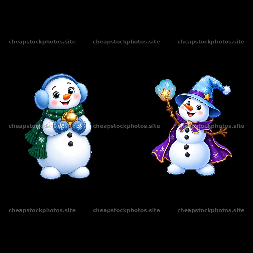 Cheerful snowman characters with festive accessories for Christmas – stock photos 7746x7746