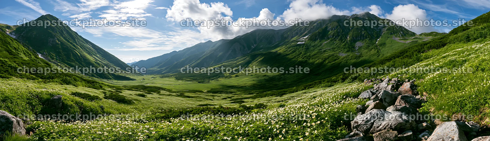 Toyama alpine meadow snowmelt rock foreground shows scenic landscape – stock photos 14762x4268