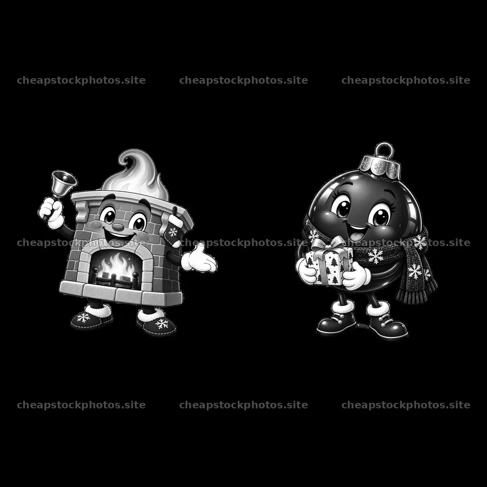Cartoon fireplace and ornament characters holding gifts for Christmas – stock photos 7746x7746