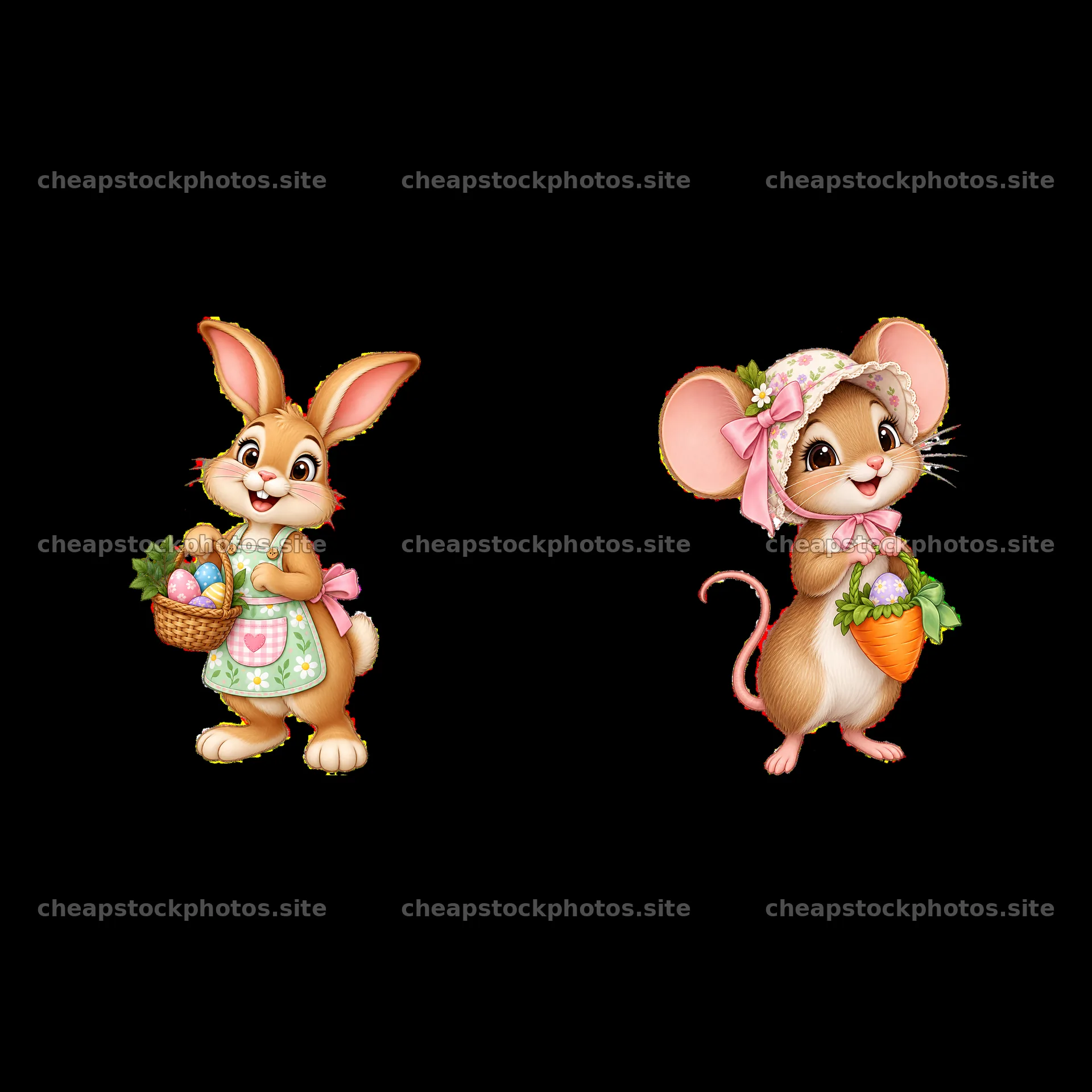 Easter bunny and mouse holding decorations in a meadow setting – stock photos 7746x7746