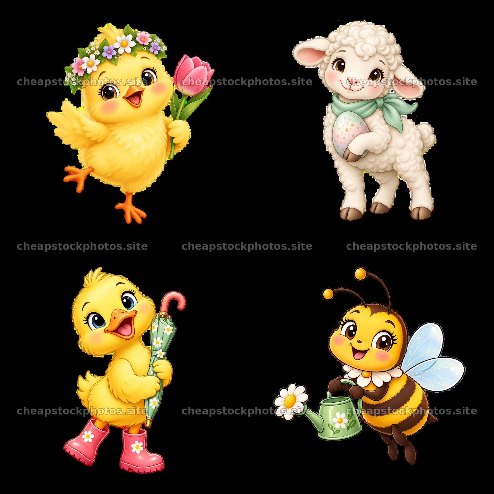 Easter meadow cartoon stickers with chicks, lamb, bee, and umbrella – stock photos 7746x7746