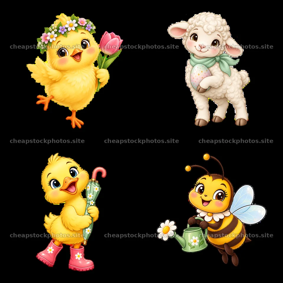 Easter meadow cartoon stickers with chicks, lamb, bee, and umbrella – stock photos 7746x7746