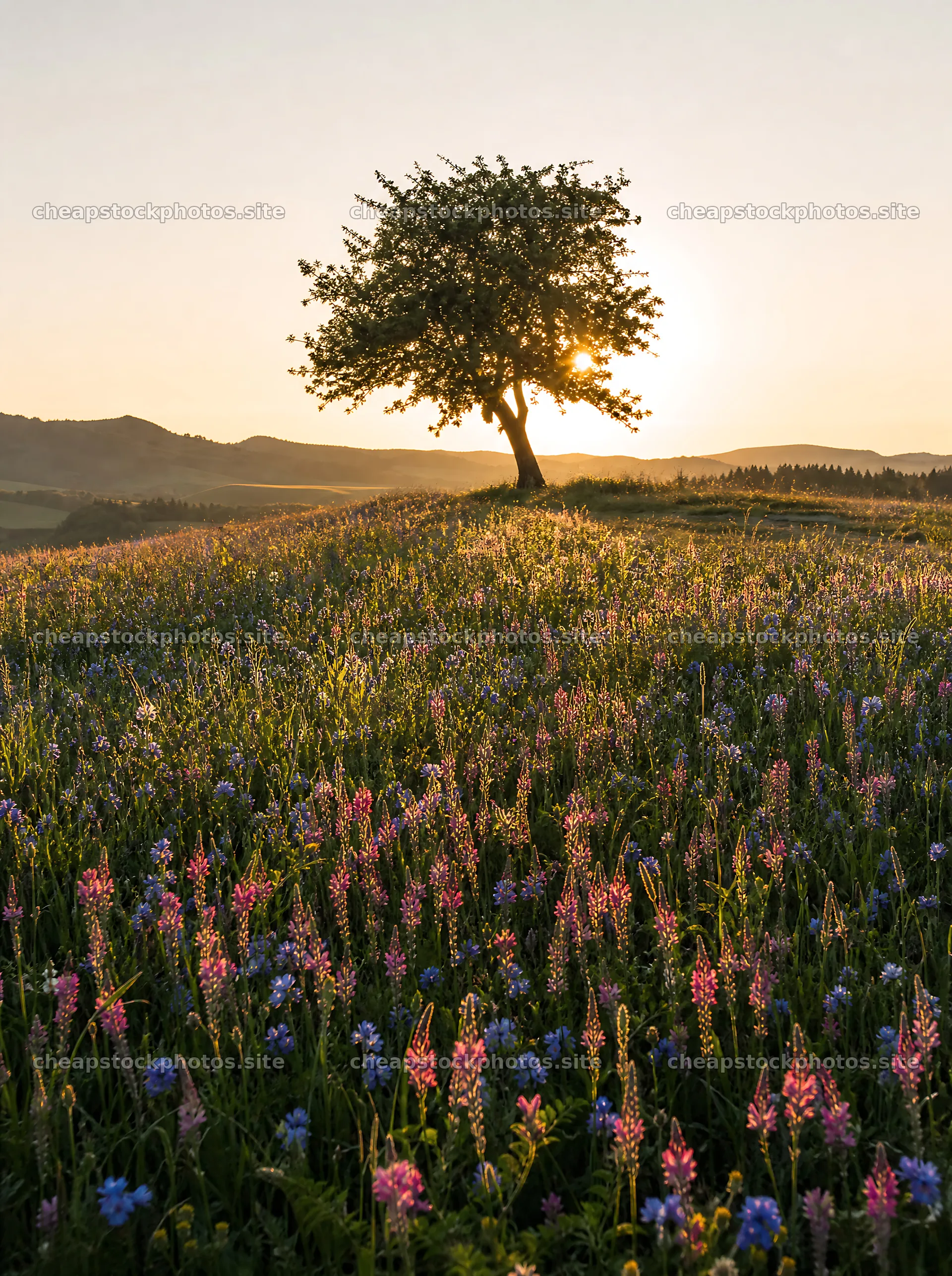 Sainfoin chicory meadow at sunset with tree and flowers – stock photos 6858x9186