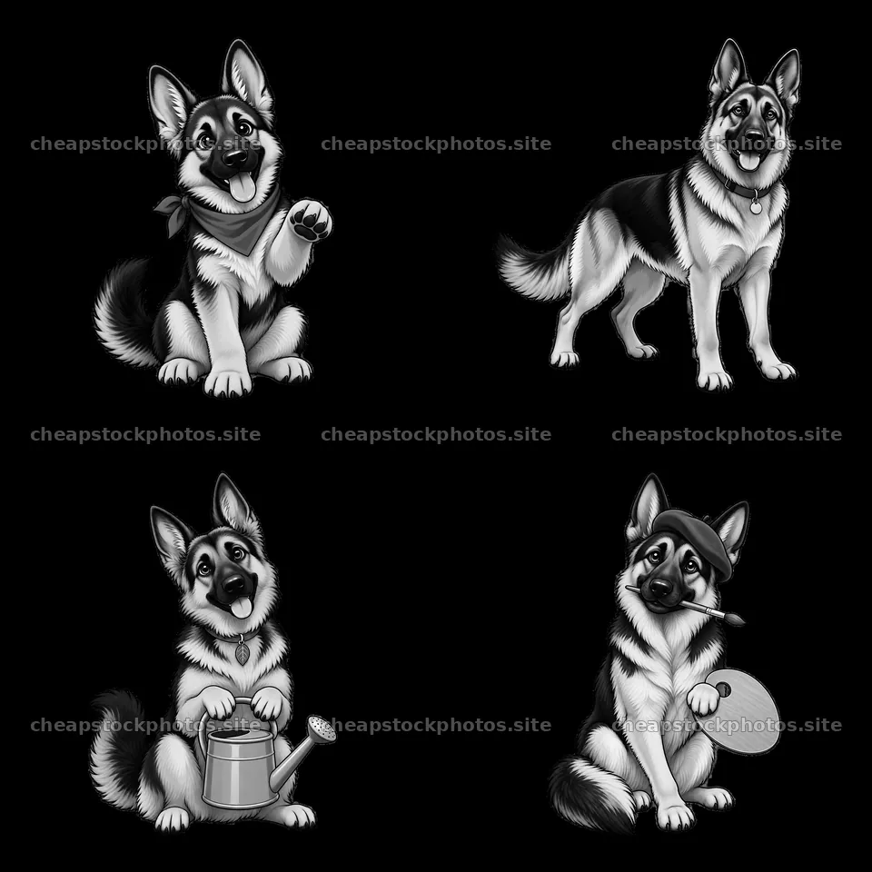 German Shepherd dog cartoon stickers in playful expressions – stock photos 7746x7746