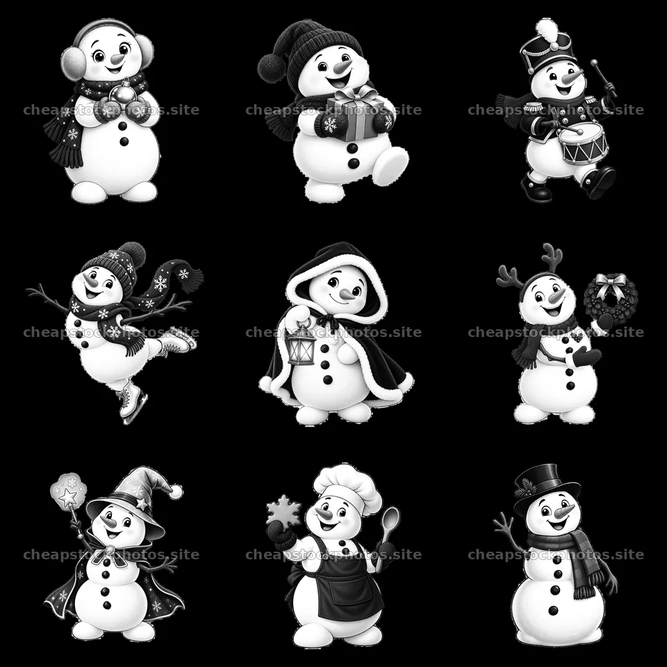 Christmas snowmen in various festive activities and costumes – stock photos 7746x7746
