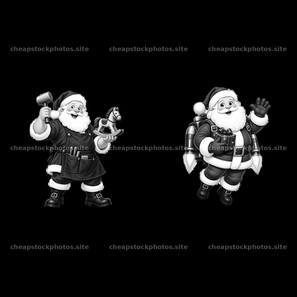 Santa Claus with toys and jetpack in black-and-white illustration – stock photos 7746x7746