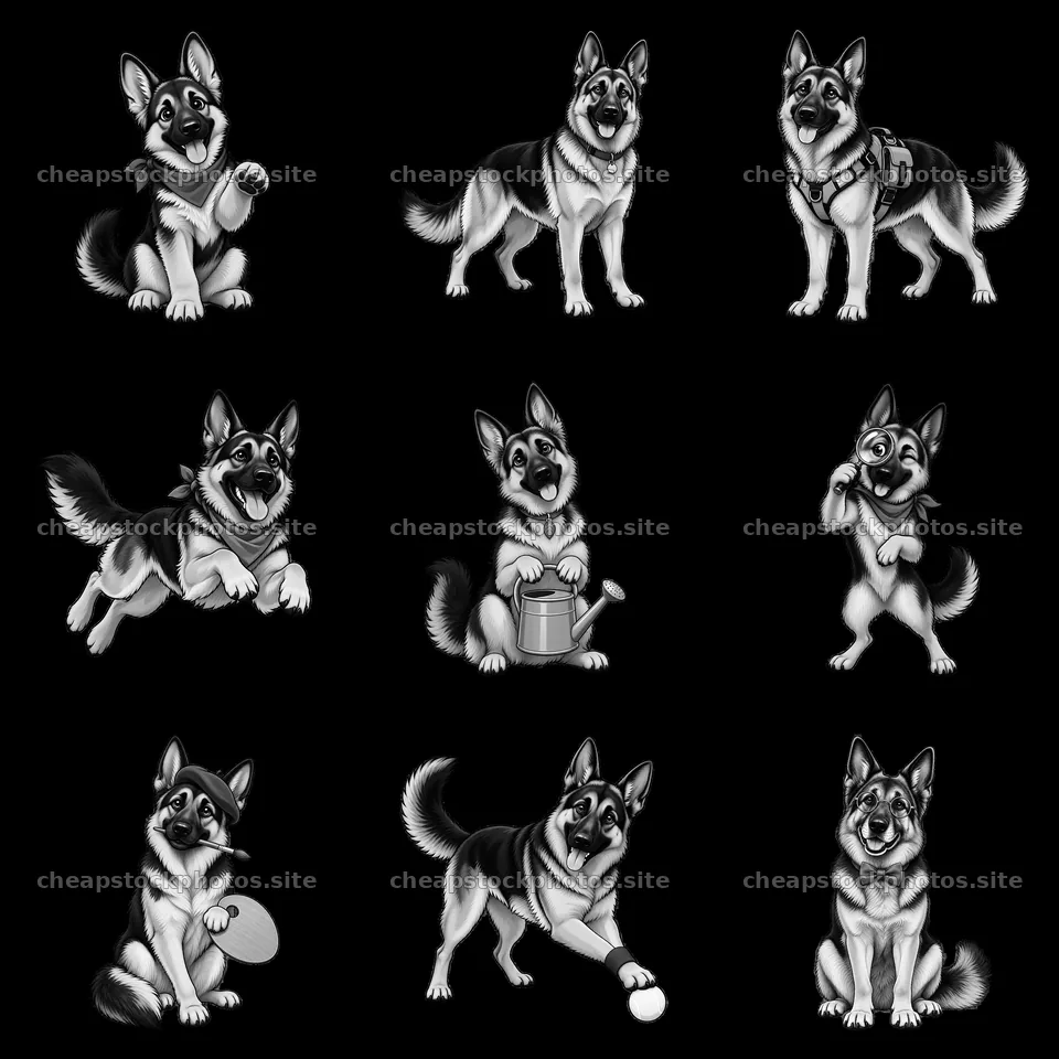 Cute German Shepherd Dog cartoon stickers in fun poses – stock photos 7746x7746