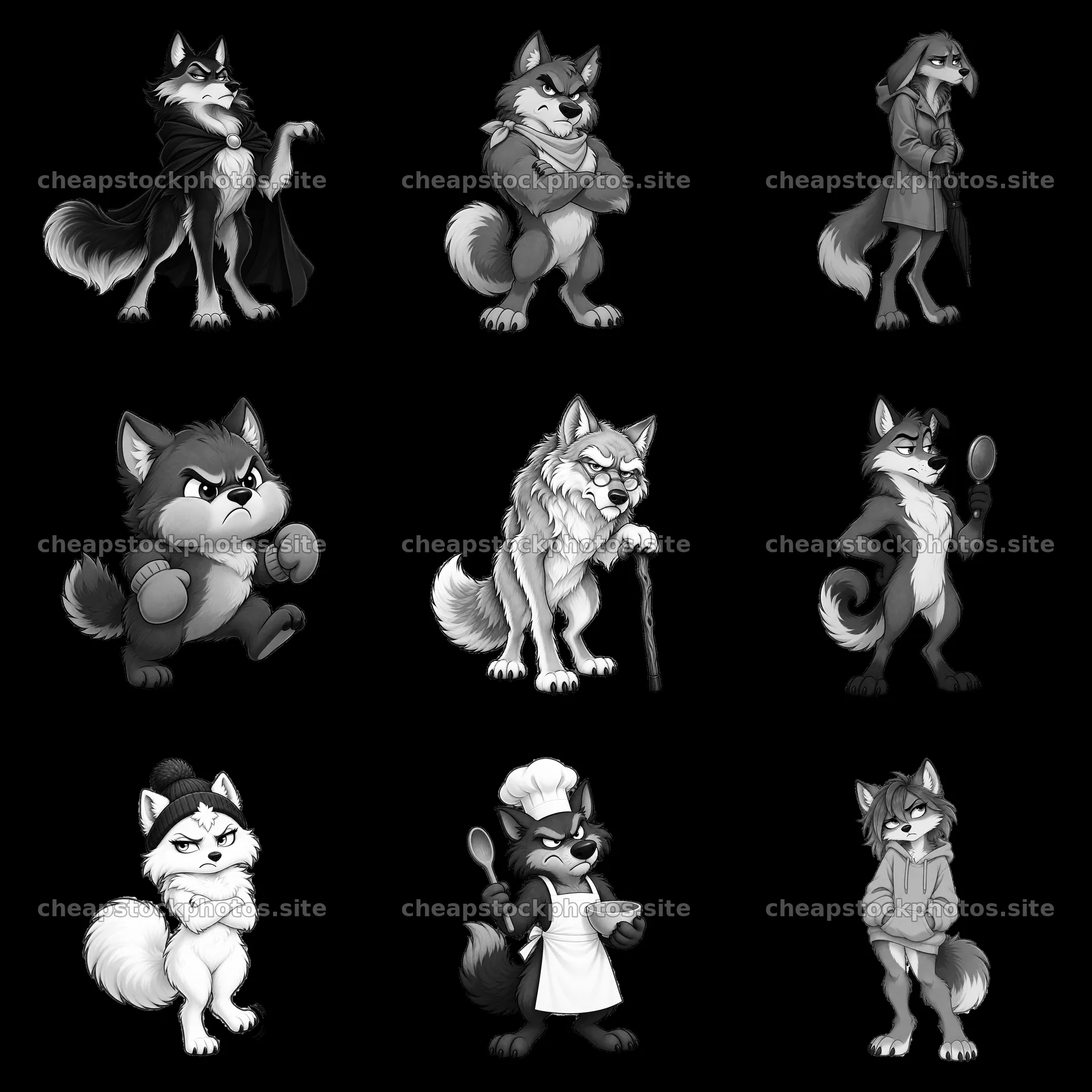 Grumpy cartoon wolf characters with various expressions and actions – stock photos 7746x7746