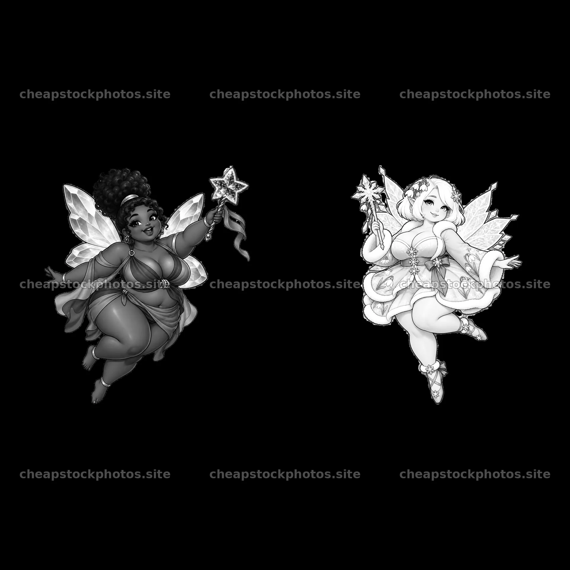 Kawaii ultra-fat fairies with stars and wands in playful poses – stock photos 7746x7746