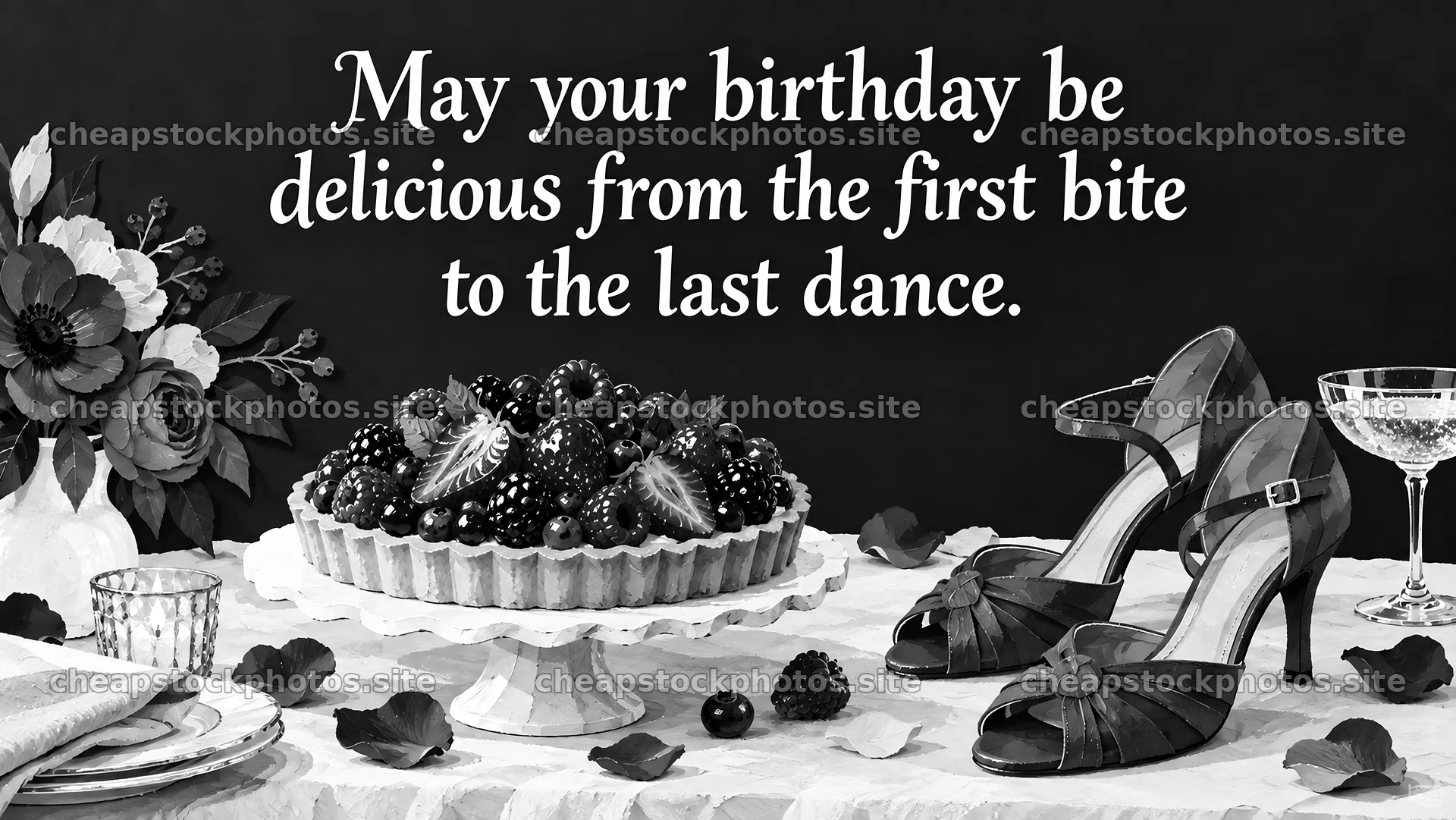 Monochrome Birthday Dessert and Dance Greeting – stock photos 10324x5812