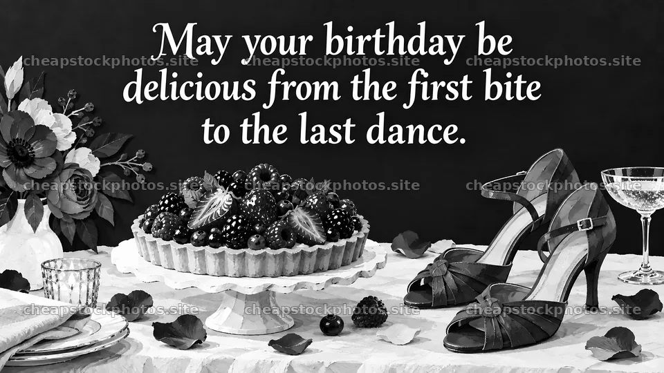 Monochrome Birthday Dessert and Dance Greeting – stock photos 10324x5812