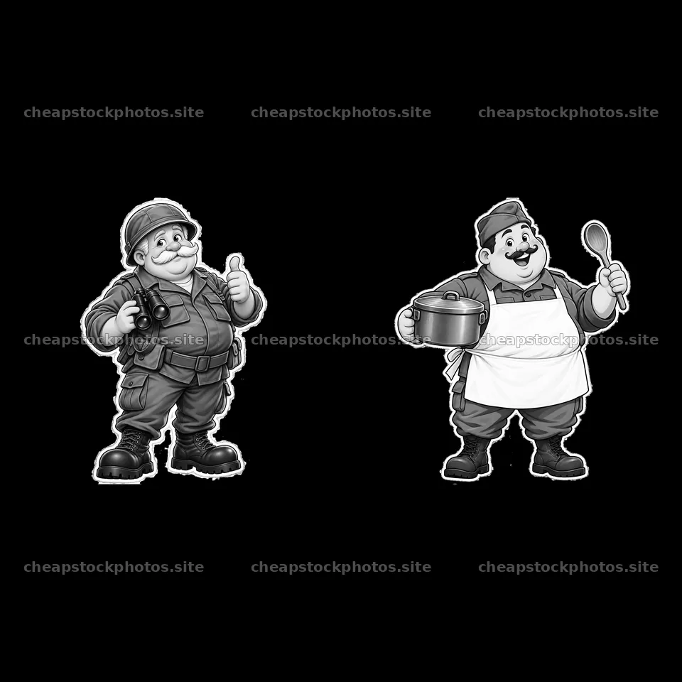 Chubby soldier with camera and chef holding a pot in black and white – stock photos 7746x7746