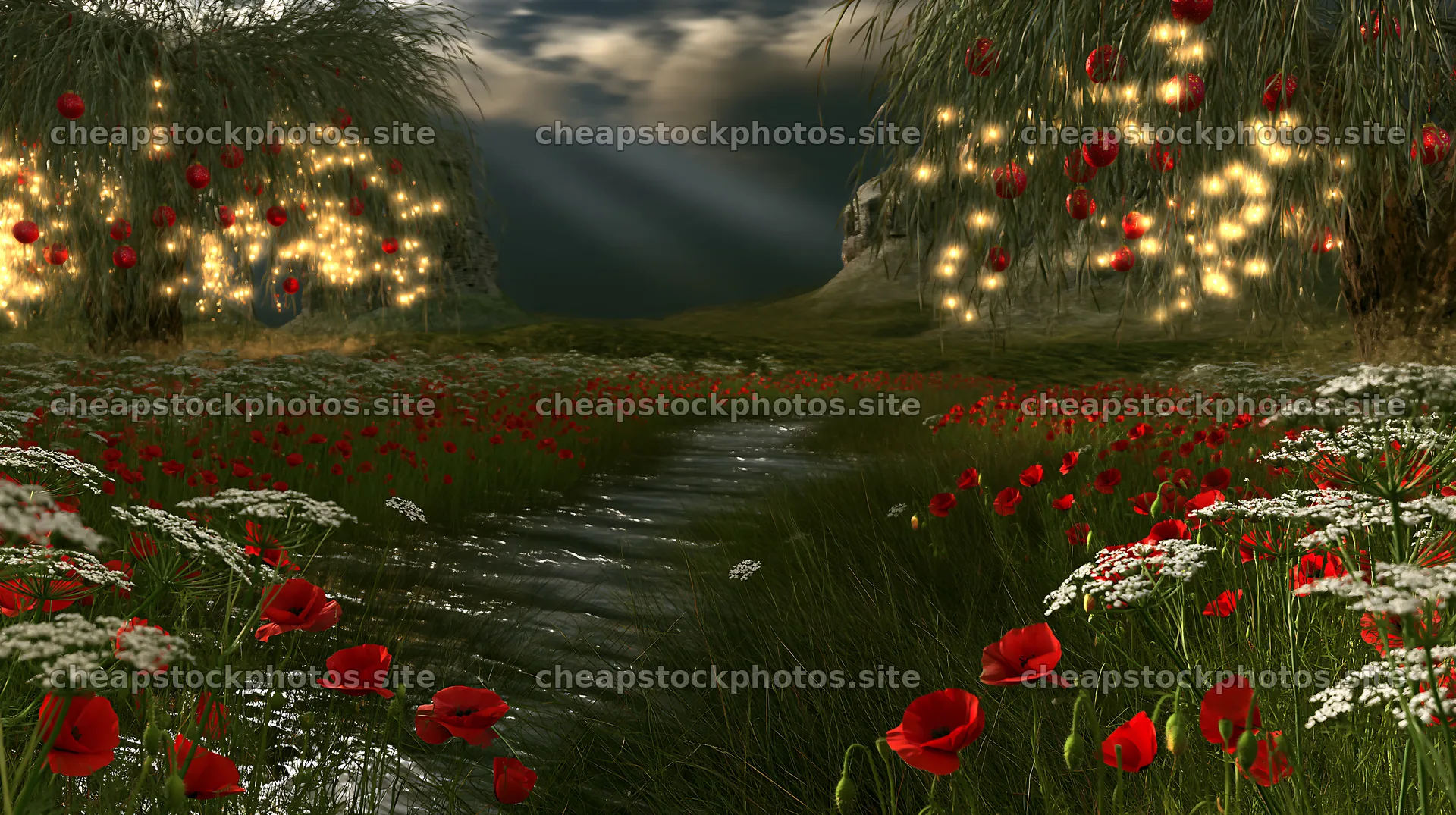 Christmas ornaments above stream in meadow – stock photos 10608x5938