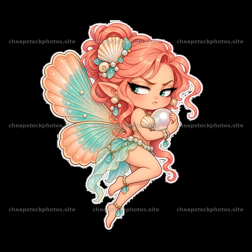 Grumpy fairy holds pearl with seashells and colorful wings – stock photos 7746x7746