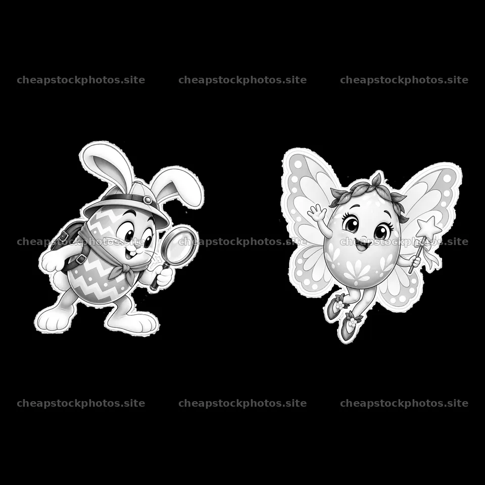 Easter bunny and fairy egg exploring together in black and white – stock photos 7746x7746
