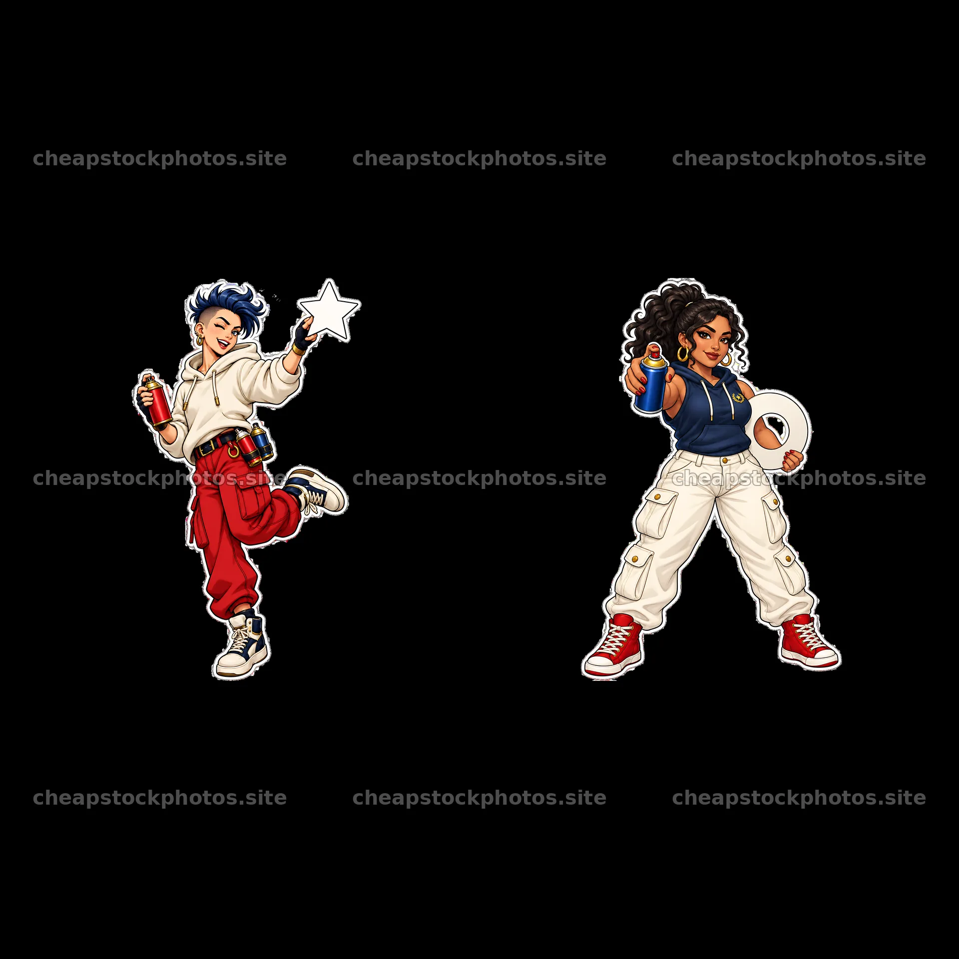 Cartoon graffiti sprayers with spray cans and creative props – stock photos 7746x7746